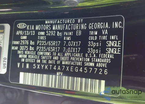 2014 Kia Sorento Lx V6 from USA, damaged, VIN 5XYKT4A7XEG457726